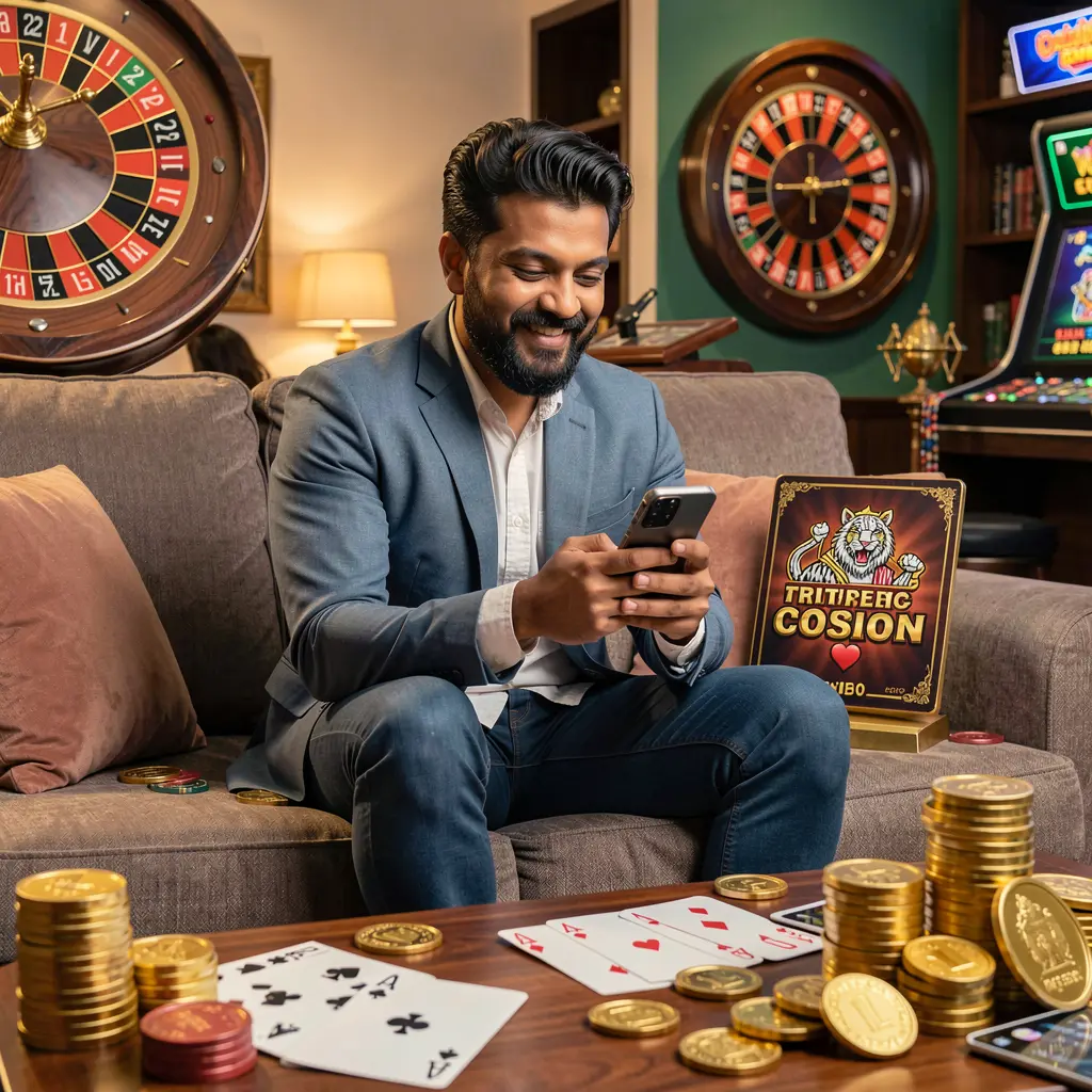 Confident Bangladeshi player enjoying fast casino gameplay and rich rewards on the 35OK mobile app with vibrant casino visuals behind him