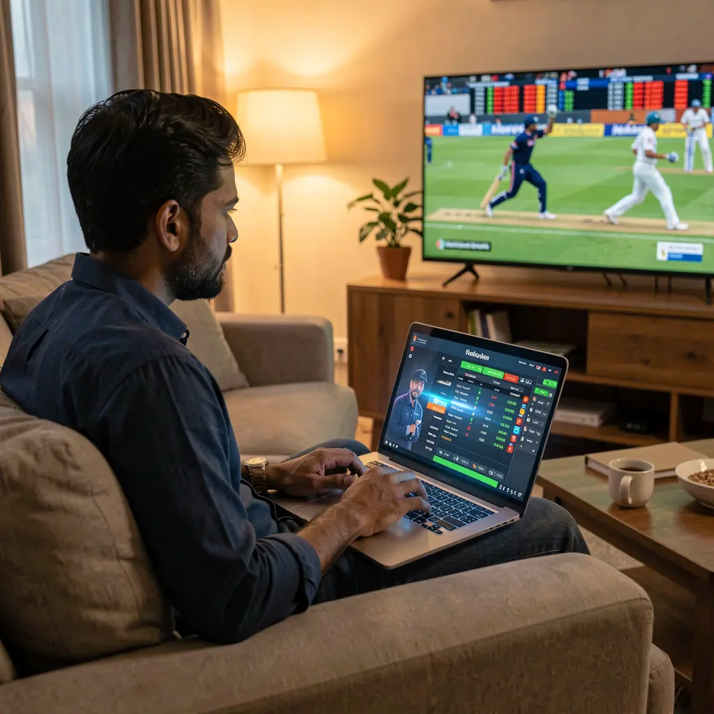 Focused Bangladeshi player using the 35OK betting platform on a laptop while watching a live cricket match on TV in a cozy home setting