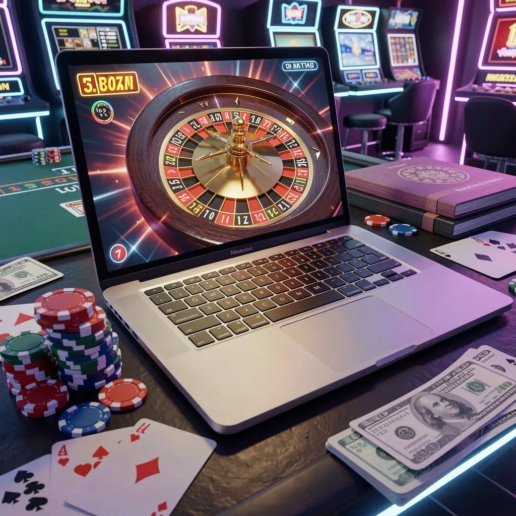 Futuristic online roulette game on a laptop surrounded by stacked casino chips and glowing lights showcasing immersive gameplay on 35OK casino in Bangladesh