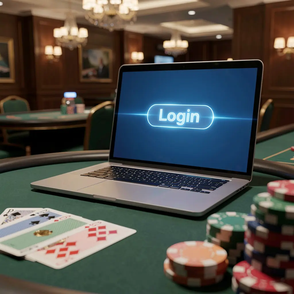 Modern laptop on a casino table with poker chips and cards showing the 35OK login screen for secure access in Bangladesh