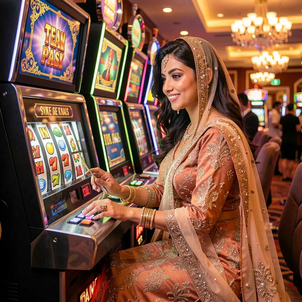 Stylish woman in a shimmering outfit standing among glowing slot machines and casino lights showcasing the premium online casino experience of 35OK in Bangladesh